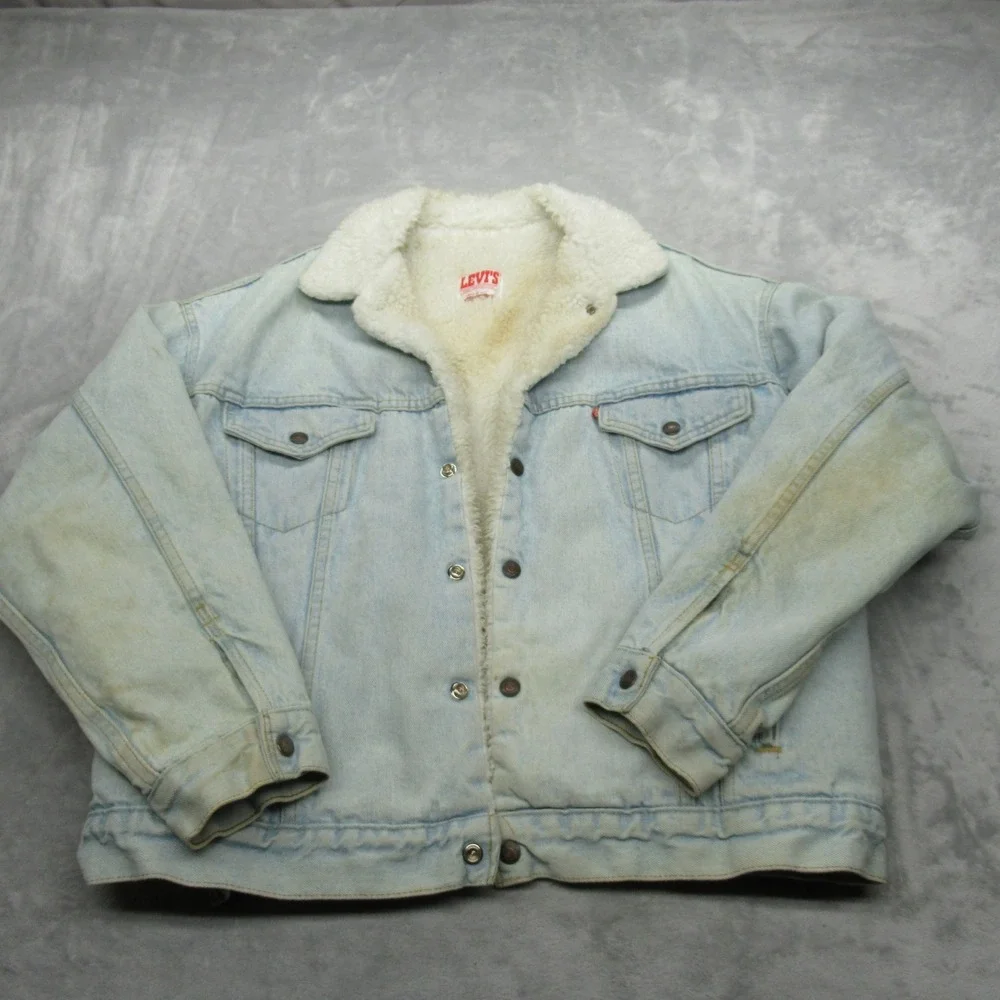 Levis Jacket Mens Large Light Wash Sherpa Lined Trucker USA VTG 80's FADE‎ Rare - Picture 2 of 15